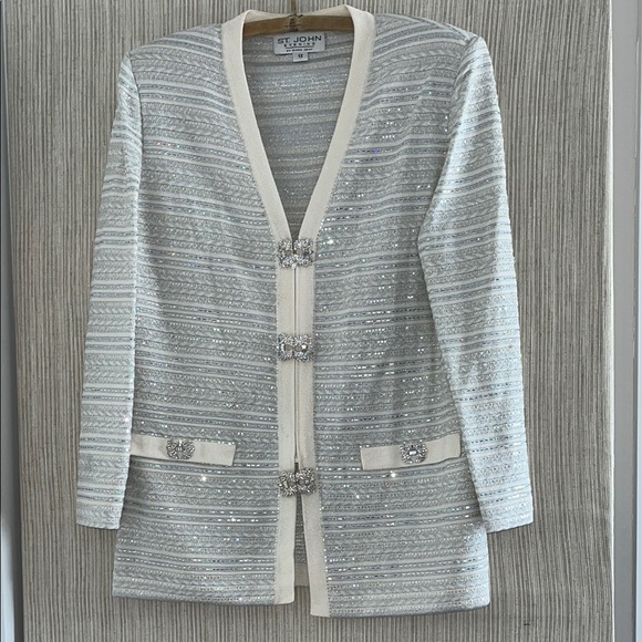 St. John Ivory Silver evening cardigan vintage jacket size 12 - Picture 6 of 16